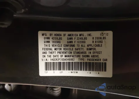 2013 Honda Accord Lx из США, поврежденный, VIN 1HGCR2F35DA046862